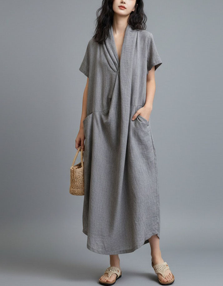 Casual Gray Maxi Dress – Women’s Relaxed Fit Linen Dress with Pockets