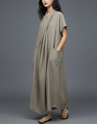 Women’s Loose Fit Linen Dress – V-Neck Short Sleeve Gray Maxi Dress