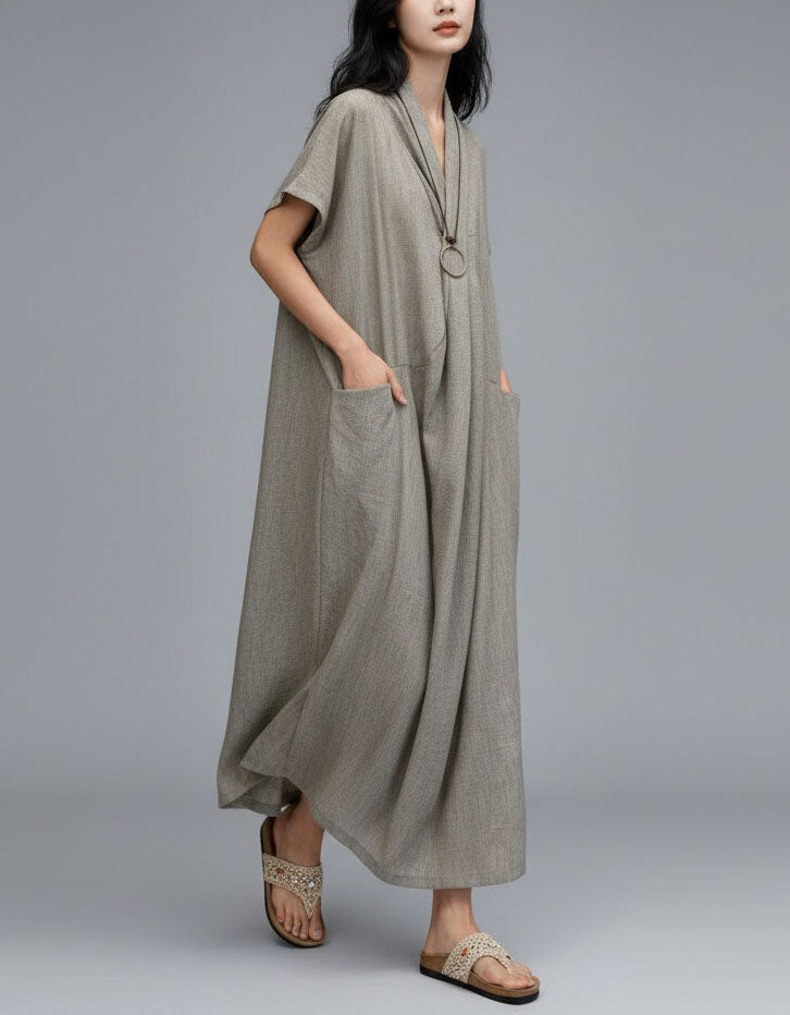 Khaki Loose fit linen dress with side pockets close up detail