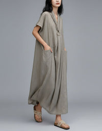 Khaki Loose fit linen dress with side pockets close up detail
