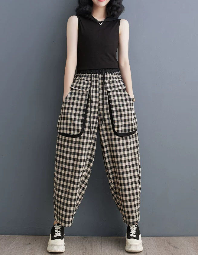 Casual Checkered Harem Pants for Women with Pockets