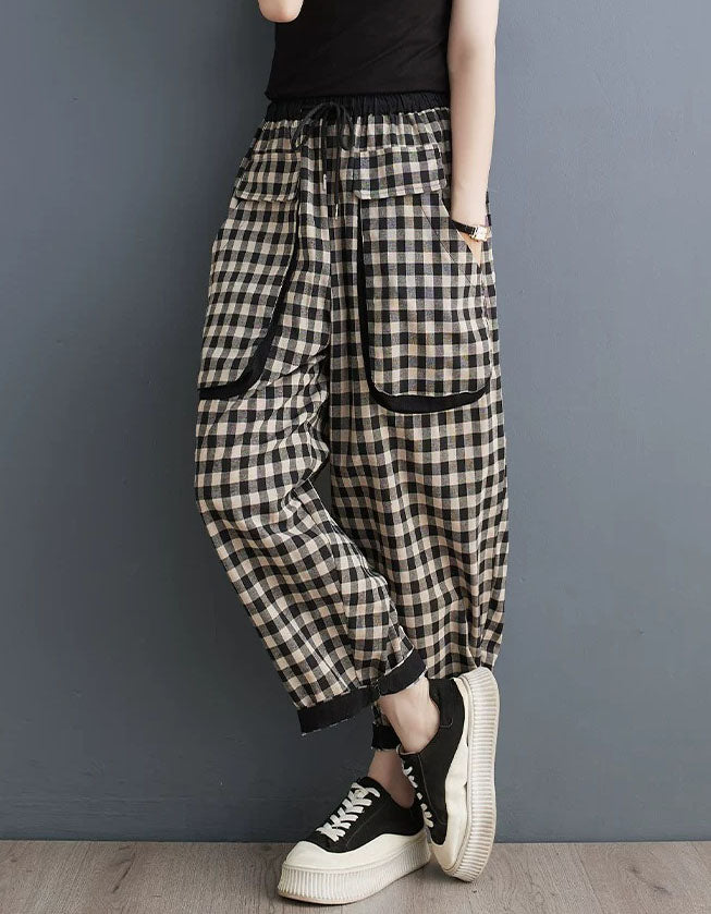Vintage Plaid Harem Pants for Women Elastic Waist