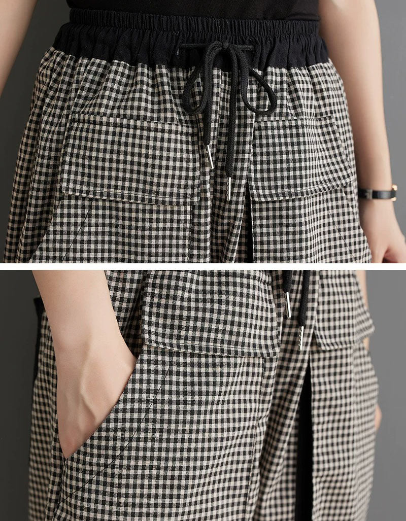 Vintage Checkered Cotton Pants for Women Casual