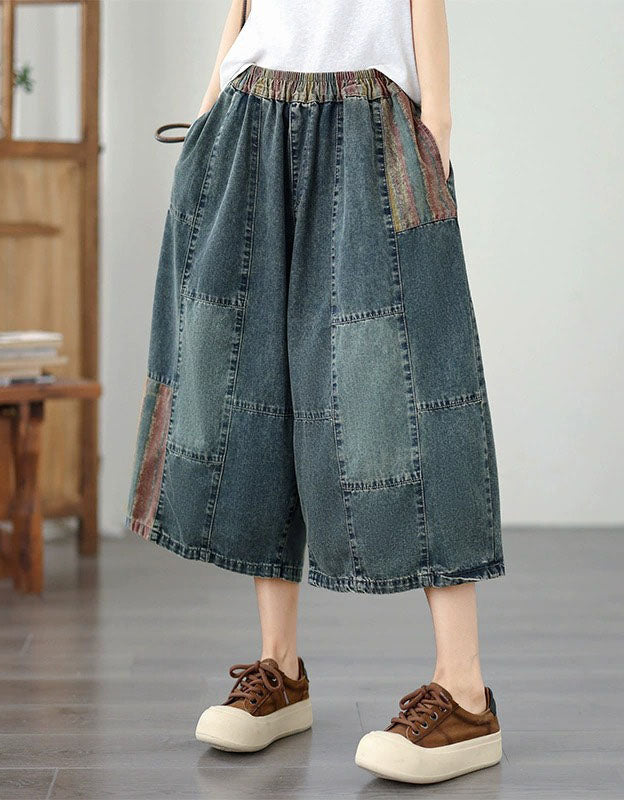 Casual Denim Wide Leg Pants Women Patchwork Style