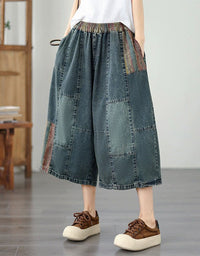 Casual Denim Wide Leg Pants Women Patchwork Style