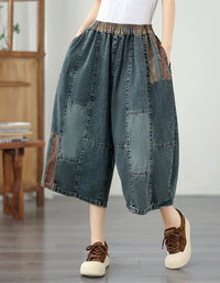 Women’s Patchwork Denim Wide Leg Cropped Pants