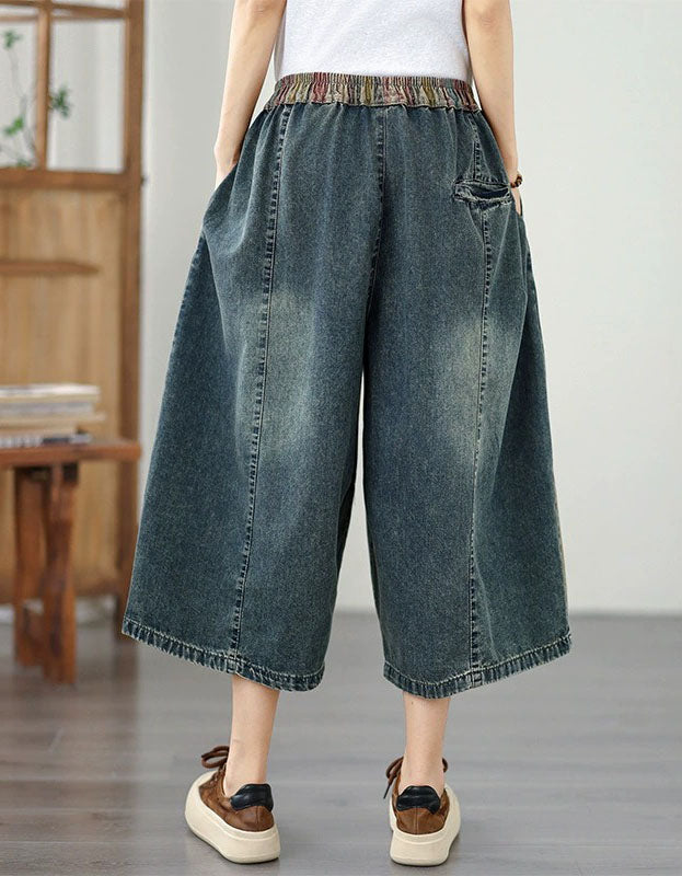 Women’s Loose Fit Denim Pants Patchwork Cropped