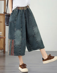 Vintage Patchwork Denim Pants Women Wide Leg Fit