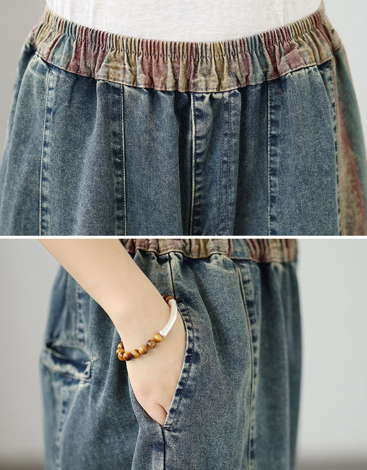 Elastic Waist Denim Pants Women Patchwork Design