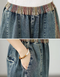 Elastic Waist Denim Pants Women Patchwork Design