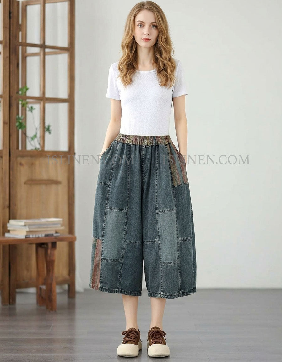 Women’s Cropped Wide Leg Denim Pants Casual Fit