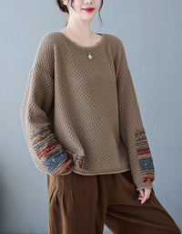 Women Vintage Patchwork Sleeve Knit Sweater
