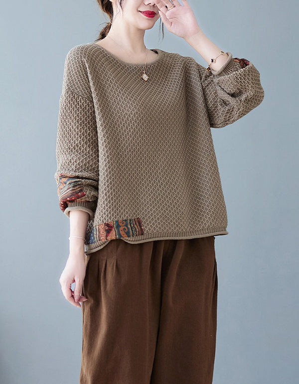 Women Vintage Patchwork Sleeve Knit Sweater