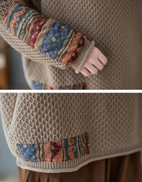 Women Vintage Patchwork Sleeve Knit Sweater
