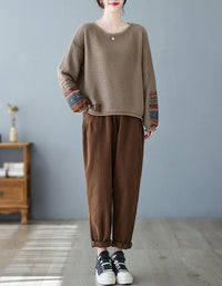 Women Vintage Patchwork Sleeve Knit Sweater
