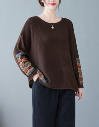 Women Vintage Patchwork Sleeve Knit Sweater