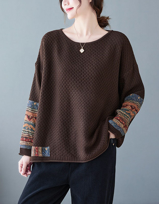 Women Vintage Patchwork Sleeve Knit Sweater