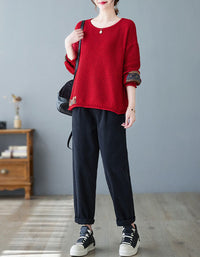 Women Vintage Patchwork Sleeve Knit Sweater