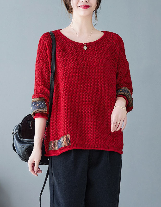 Women Vintage Patchwork Sleeve Knit Sweater