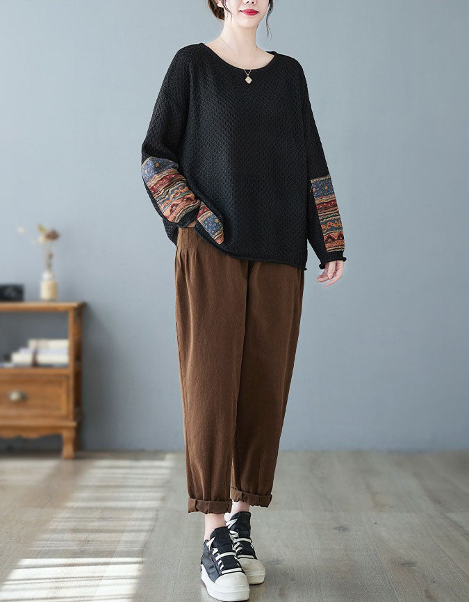 Women Vintage Patchwork Sleeve Knit Sweater