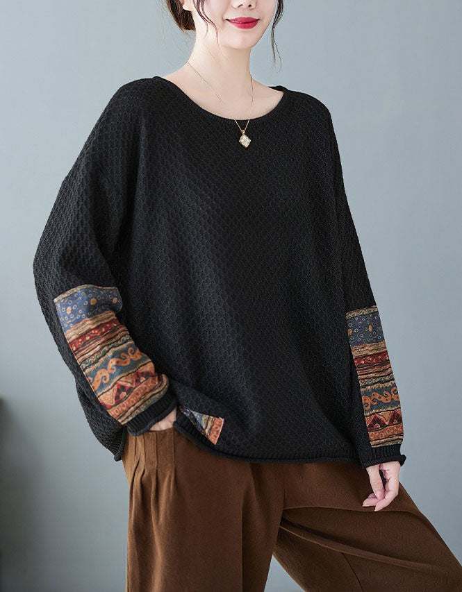 Women Vintage Patchwork Sleeve Knit Sweater