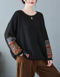 Women Vintage Patchwork Sleeve Knit Sweater
