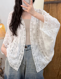 Women’s white boho crochet kimono cardigan with open front design