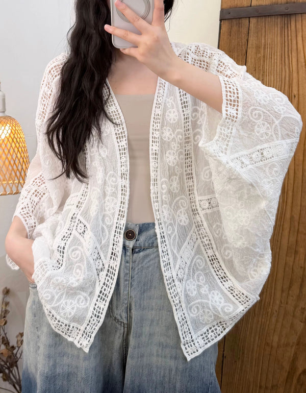Women’s white boho crochet kimono cardigan with open front design