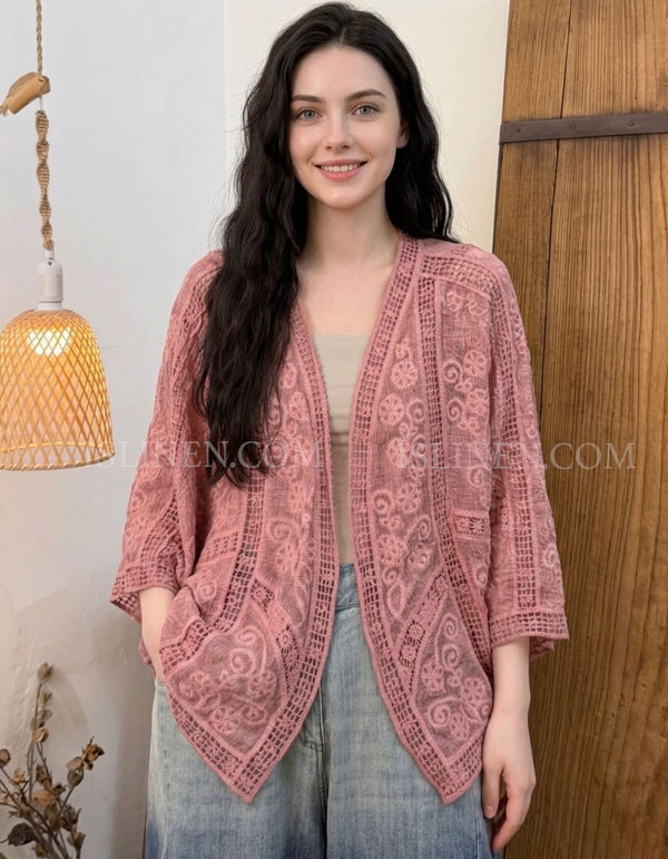 Women’s pink boho crochet kimono cardigan with open front design