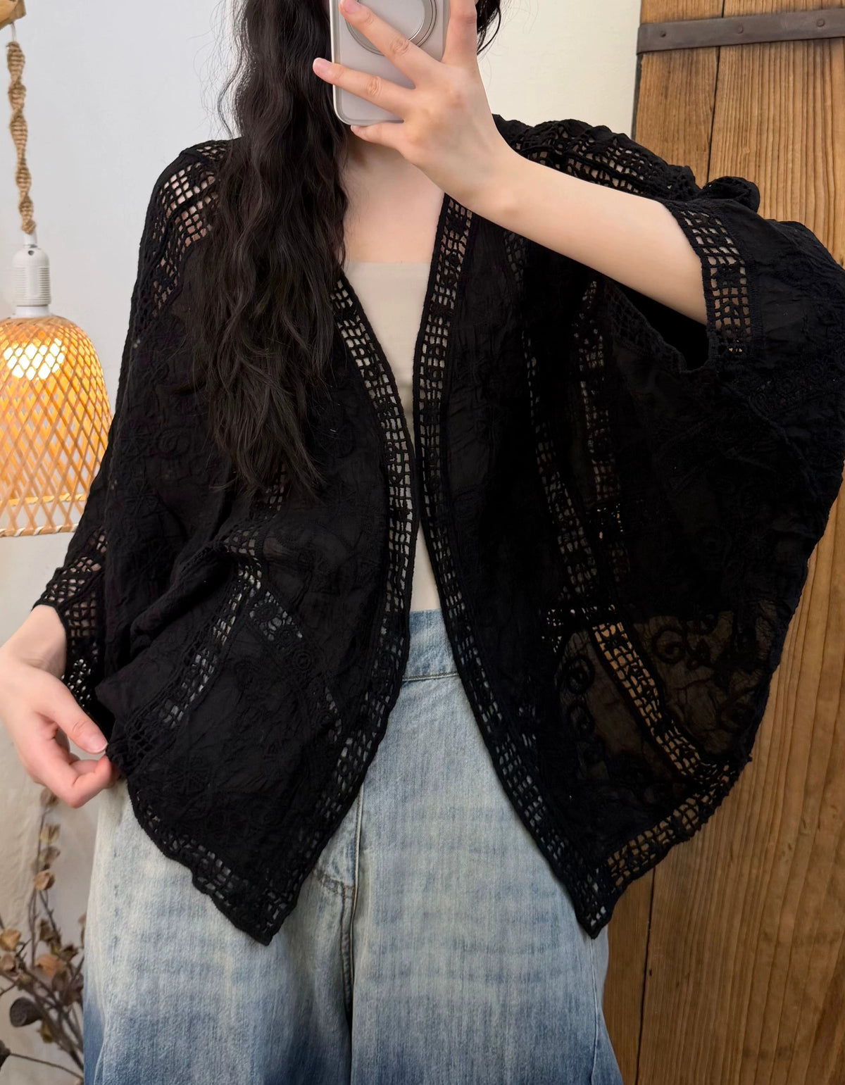 Elegant boho lace cover up for women in soft dusty black color