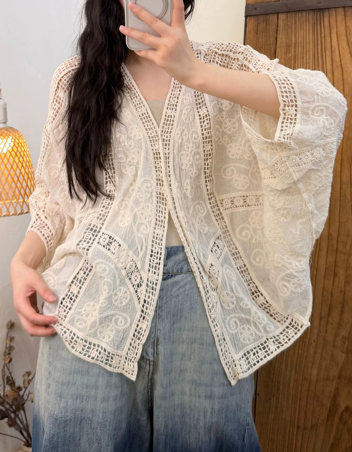 Beige vintage inspired lace kimono cover up with oversized relaxed fit