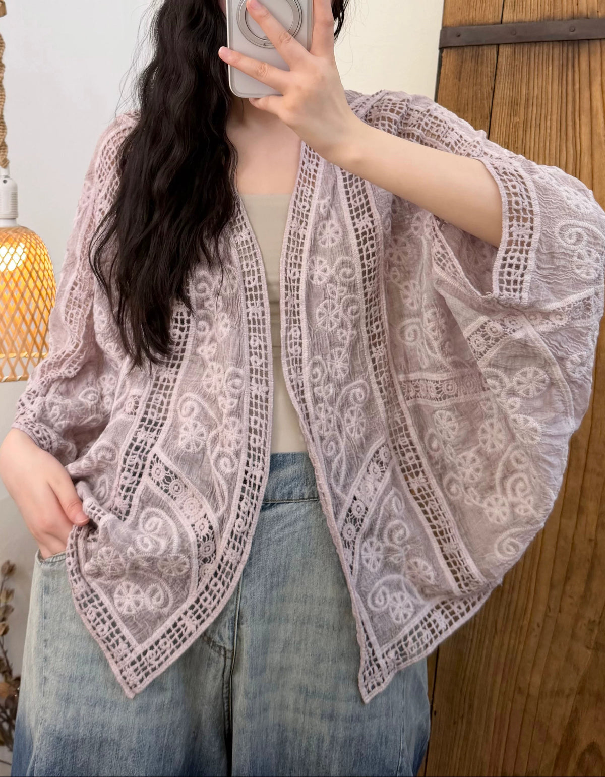 Lightweight purple bohemian kimono jacket with intricate lace details
