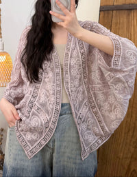 Lightweight purple bohemian kimono jacket with intricate lace details