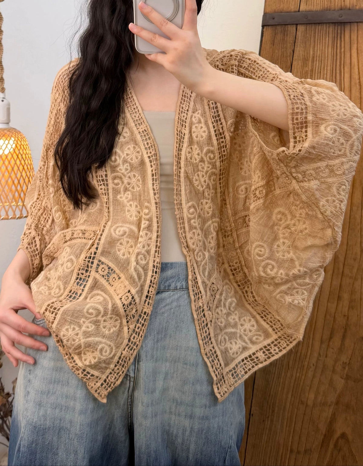 Women’s loose fit crochet shawl cardigan with wide sleeves