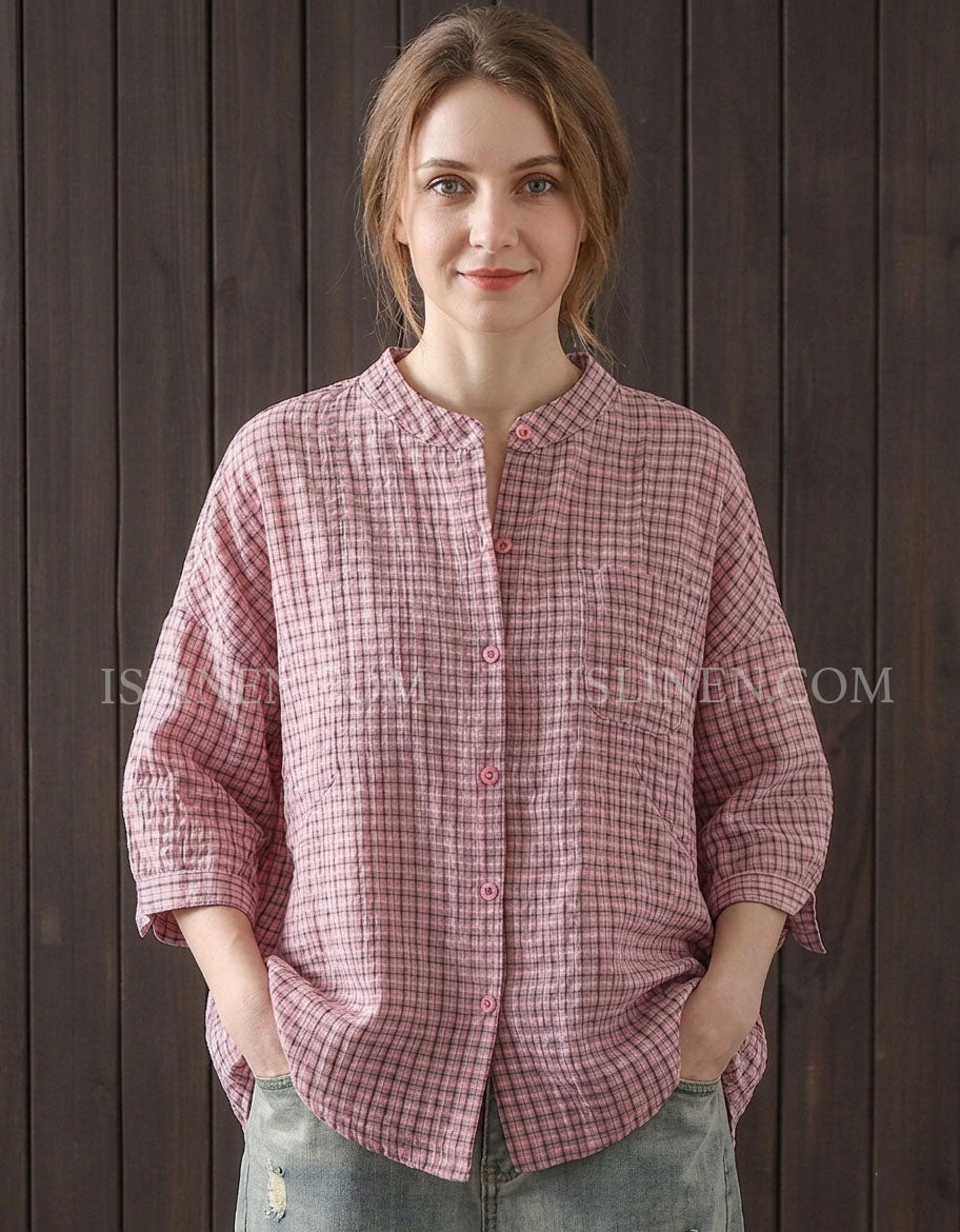 Women’s oversized pink plaid cotton linen shirt with button front design