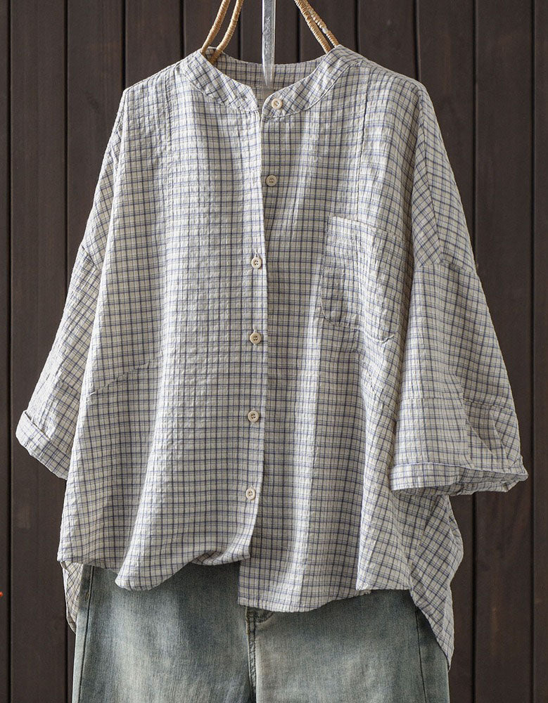 Soft gray check shirt for women featuring oversized silhouette and pocket