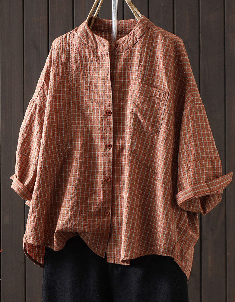 Soft brown check shirt for women featuring oversized silhouette and pocket