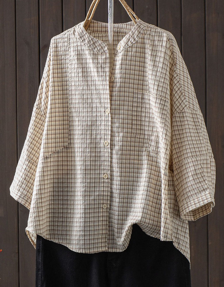 Coffee lightweight casual plaid blouse for women in breathable cotton fabric