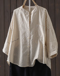 Coffee lightweight casual plaid blouse for women in breathable cotton fabric