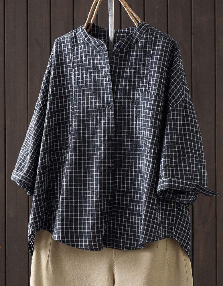 Vintage Plaid Cotton Linen Shirt for Women – Oversized Navy Check Blouse