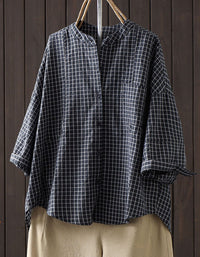 Vintage Plaid Cotton Linen Shirt for Women – Oversized Navy Check Blouse