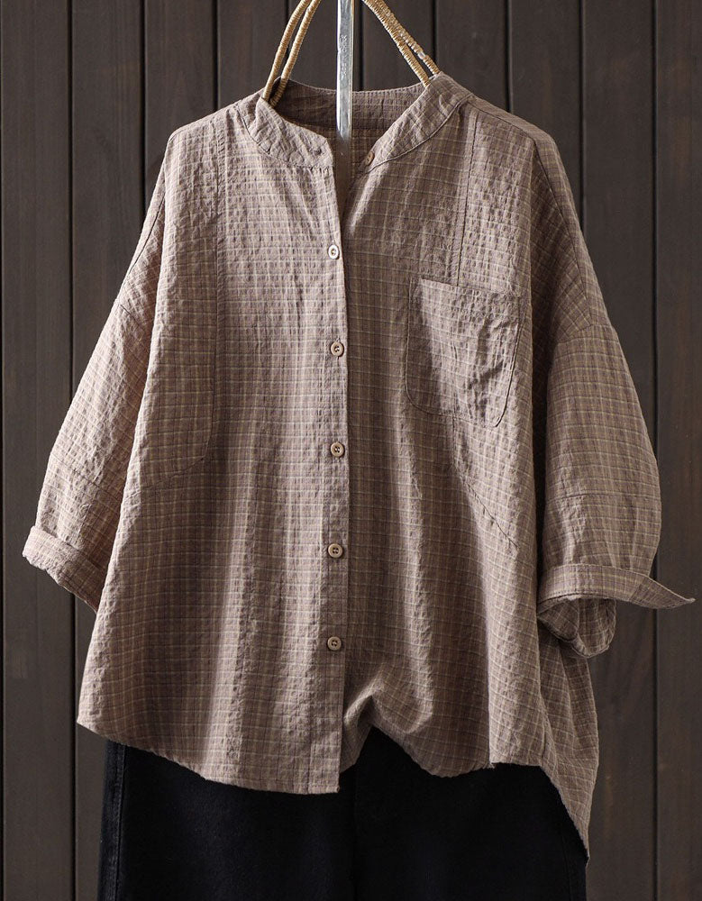Vintage Plaid Cotton Linen Shirt for Women – Oversized Coffee Check Blouse