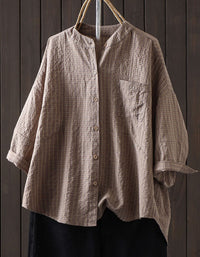 Vintage Plaid Cotton Linen Shirt for Women – Oversized Coffee Check Blouse