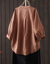 Women Vintage Pink Plaid Mandarin Collar Cotton Shirt