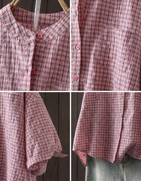 Women’s pink plaid band collar cotton linen oversized shirt