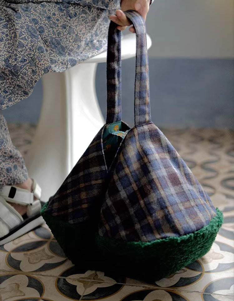 Winter Plaid Shoulder Tote Bag Faux Fur Trim Women