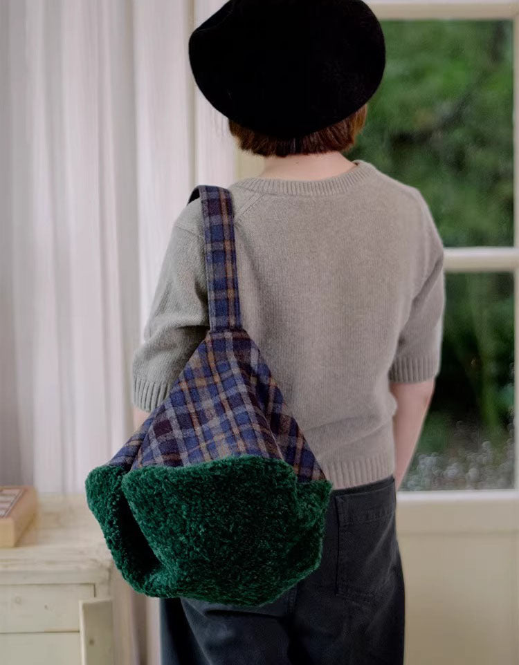 Cozy Plaid Tote Bag Women Soft Fur Trim Handbag