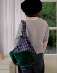 Cozy Plaid Tote Bag Women Soft Fur Trim Handbag