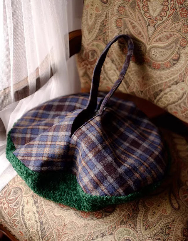 Winter tote bag women plaid design soft fur detail