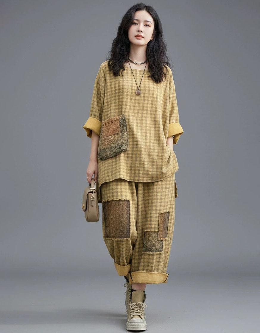 Women plaid patchwork two piece casual outfit set oversized fit